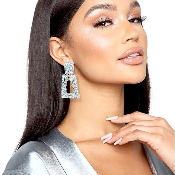 Chunky Geometric Rhinestone Dangle Earrings for Women - Bold Statement Jewelry - Picture 2 of 7